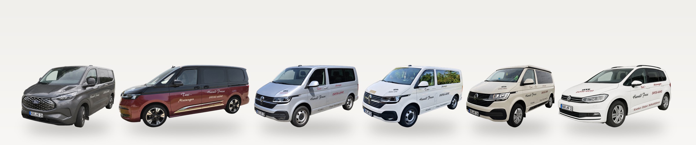 Fahrzeugflotte von Taxi und Mietwagen Freese – Ford Transit Custom, VW Multivan und zwei VW Touran