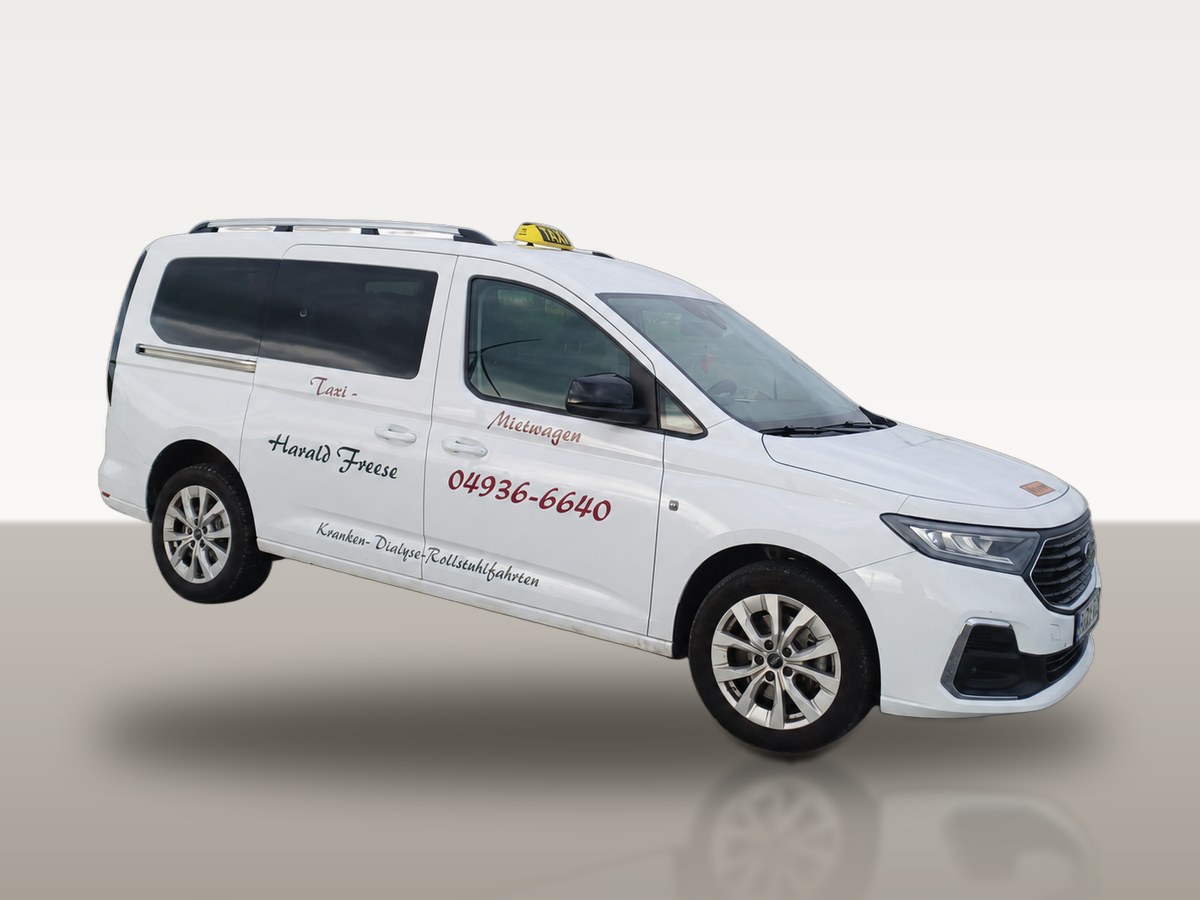 Weißer Ford Tourneo Connect von Taxi Freese mit Taxi-Schild – barrierefreier Krankentransport